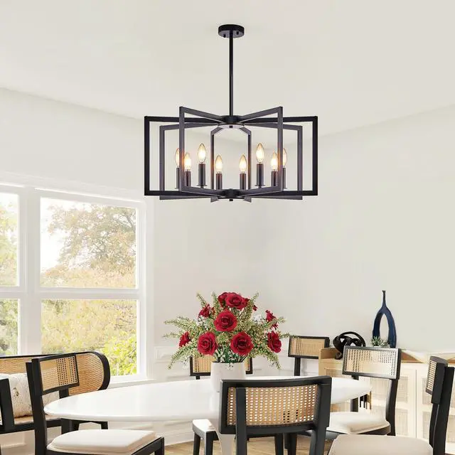 Alt view image 3 of 7 - 27" Modern Black Geometric 8-Light Chandelier industrial Metal Pendant Light Fixture for Living Room, Dining Room, Or Kitchen (Bulb Not included)