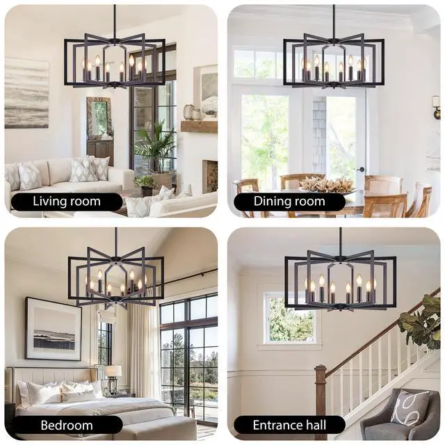 Alt view image 6 of 7 - 27" Modern Black Geometric 8-Light Chandelier industrial Metal Pendant Light Fixture for Living Room, Dining Room, Or Kitchen (Bulb Not included)