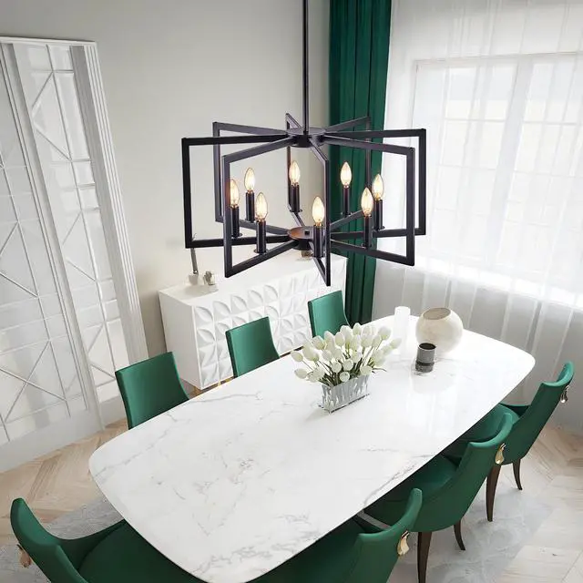 Alt view image 5 of 7 - 27" Modern Black Geometric 8-Light Chandelier industrial Metal Pendant Light Fixture for Living Room, Dining Room, Or Kitchen (Bulb Not included)