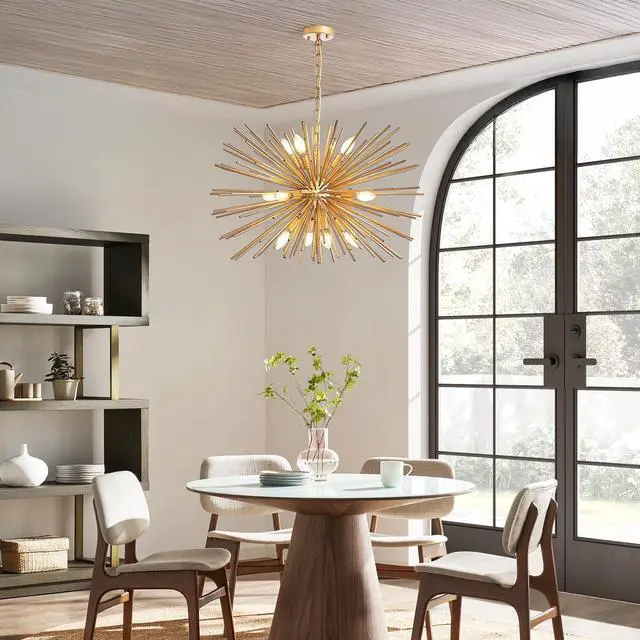 Alt view image 3 of 7 - 29" Mid-Century Modern 12-Light Starburst Chandelier Gold Sputnik Pendant Light Fixture for Living Room, Dining Room, Or Foyer (Bulb Not included)