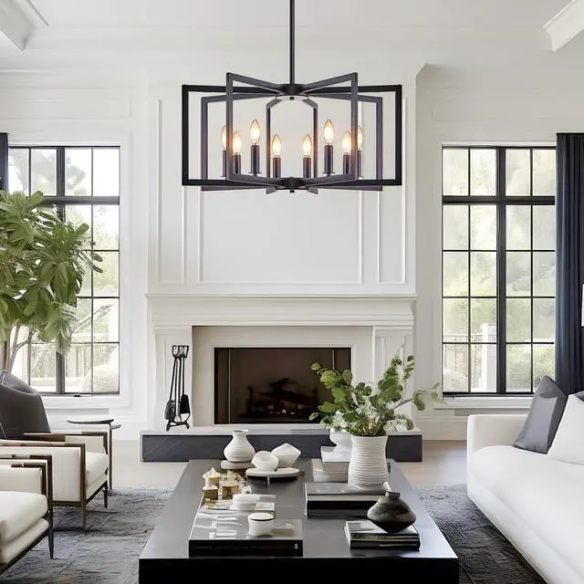 Alt view image 4 of 7 - 27" Modern Black Geometric 8-Light Chandelier industrial Metal Pendant Light Fixture for Living Room, Dining Room, Or Kitchen (Bulb Not included)