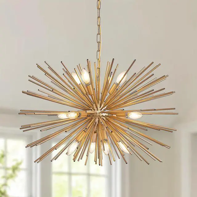 Alt view image 2 of 7 - 29" Mid-Century Modern 12-Light Starburst Chandelier Gold Sputnik Pendant Light Fixture for Living Room, Dining Room, Or Foyer (Bulb Not included)