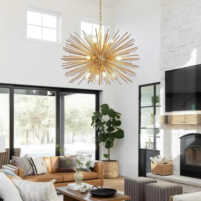 Alt view image 4 of 7 - 29" Mid-Century Modern 12-Light Starburst Chandelier Gold Sputnik Pendant Light Fixture for Living Room, Dining Room, Or Foyer (Bulb Not included)
