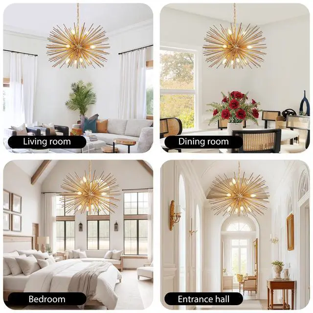 Alt view image 6 of 7 - 29" Mid-Century Modern 12-Light Starburst Chandelier Gold Sputnik Pendant Light Fixture for Living Room, Dining Room, Or Foyer (Bulb Not included)