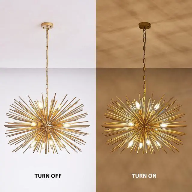 Alt view image 7 of 7 - 29" Mid-Century Modern 12-Light Starburst Chandelier Gold Sputnik Pendant Light Fixture for Living Room, Dining Room, Or Foyer (Bulb Not included)