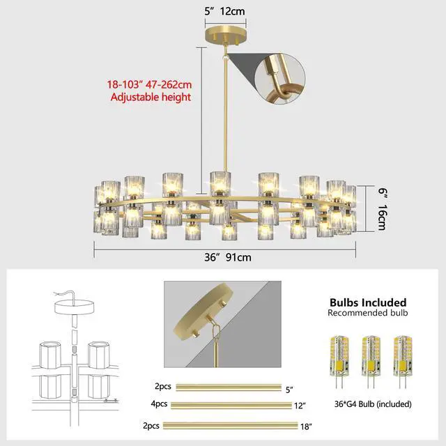 Alt view image 5 of 7 - Modern 36" Gold Round Chandelier Light Fixture, K9 Crystal Chandeliers for Dining Room, Living Room, Dining Room Chandeliers Over Table, Chandelier for Bedroom, Foyer, includes 36xg4 Bulbs