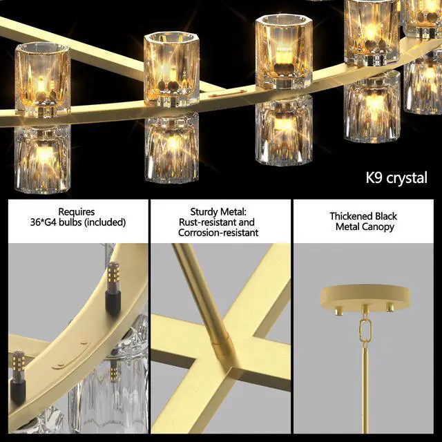 Alt view image 4 of 7 - Modern 36" Gold Round Chandelier Light Fixture, K9 Crystal Chandeliers for Dining Room, Living Room, Dining Room Chandeliers Over Table, Chandelier for Bedroom, Foyer, includes 36xg4 Bulbs