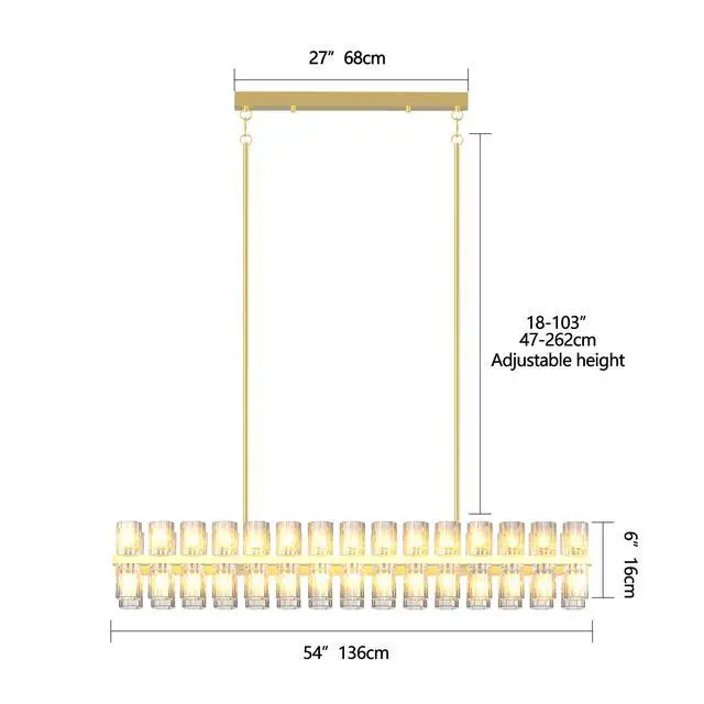 Alt view image 6 of 7 - Crystal Brass Rectangle Chandeliers for Dining Room, 54in Gold Farmhouse Chandeliers for Dining Room, Modern Rectangle Crystal Chandelier for Kitchen Island Living Room, includes 60xg4 Bulbs