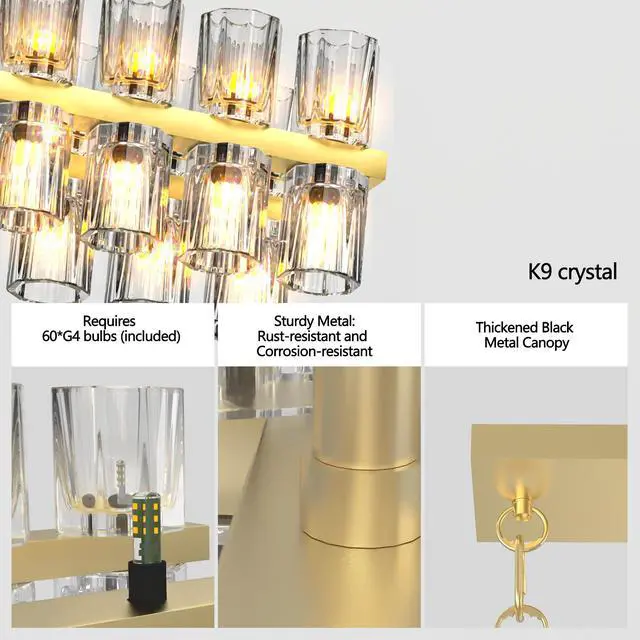 Alt view image 4 of 7 - Crystal Brass Rectangle Chandeliers for Dining Room, 54in Gold Farmhouse Chandeliers for Dining Room, Modern Rectangle Crystal Chandelier for Kitchen Island Living Room, includes 60xg4 Bulbs