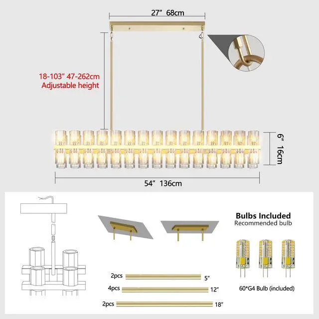 Alt view image 5 of 7 - Crystal Brass Rectangle Chandeliers for Dining Room, 54in Gold Farmhouse Chandeliers for Dining Room, Modern Rectangle Crystal Chandelier for Kitchen Island Living Room, includes 60xg4 Bulbs