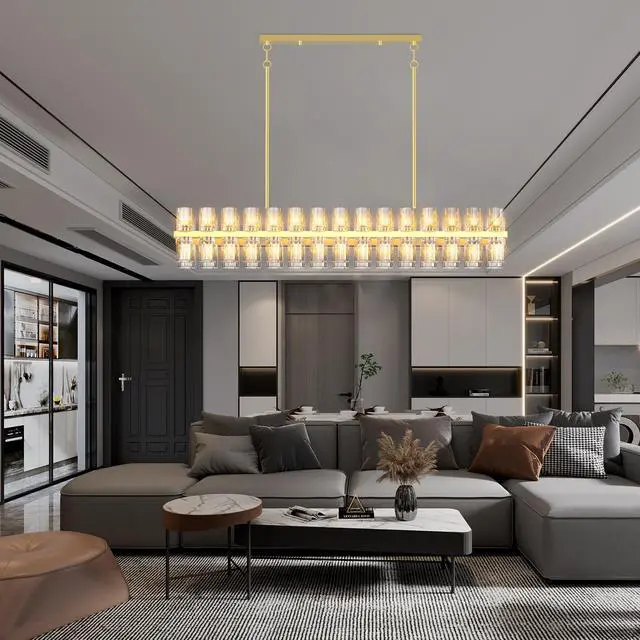 Alt view image 2 of 7 - Crystal Brass Rectangle Chandeliers for Dining Room, 54in Gold Farmhouse Chandeliers for Dining Room, Modern Rectangle Crystal Chandelier for Kitchen Island Living Room, includes 60xg4 Bulbs