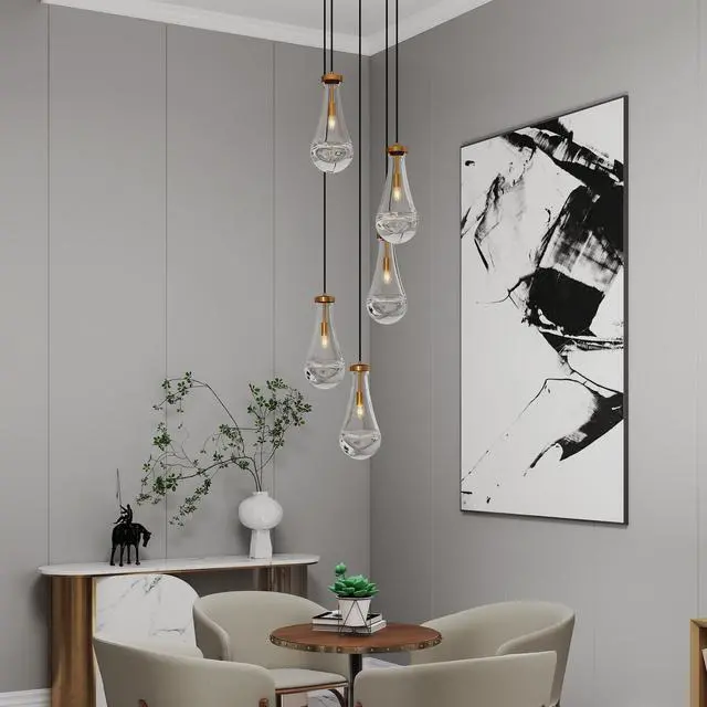 Alt view image 2 of 7 - 5 Light Cluster Pendant Light, Brass High Ceiling Chandeliers Adjustable, Living Room Pendant Light, Foyer Chandeliers, Stairwell Pendant Lights,E12 Not including Bulb