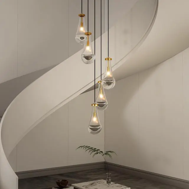 Main image of 5 Light Cluster Pendant Light, Brass High Ceiling Chandeliers Adjustable, Living Room Pendant Light, Foyer Chandeliers, Stairwell Pendant Lights,E12 Not including Bulb