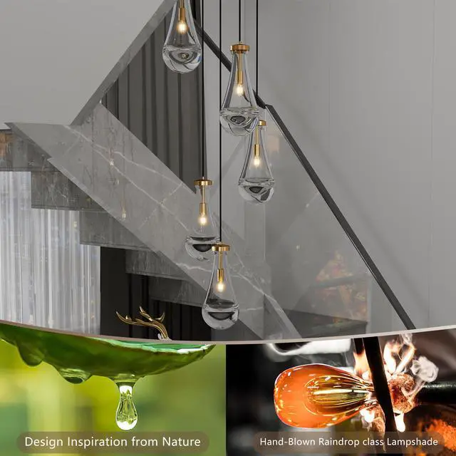 Alt view image 3 of 7 - 5 Light Cluster Pendant Light, Brass High Ceiling Chandeliers Adjustable, Living Room Pendant Light, Foyer Chandeliers, Stairwell Pendant Lights,E12 Not including Bulb