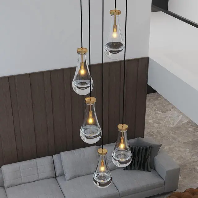Alt view image 4 of 7 - 5 Light Cluster Pendant Light, Brass High Ceiling Chandeliers Adjustable, Living Room Pendant Light, Foyer Chandeliers, Stairwell Pendant Lights,E12 Not including Bulb