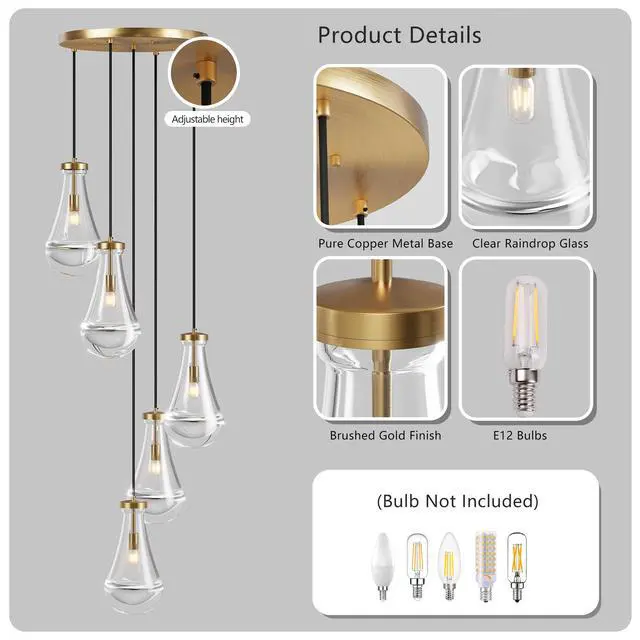 Alt view image 6 of 7 - 5 Light Cluster Pendant Light, Brass High Ceiling Chandeliers Adjustable, Living Room Pendant Light, Foyer Chandeliers, Stairwell Pendant Lights,E12 Not including Bulb