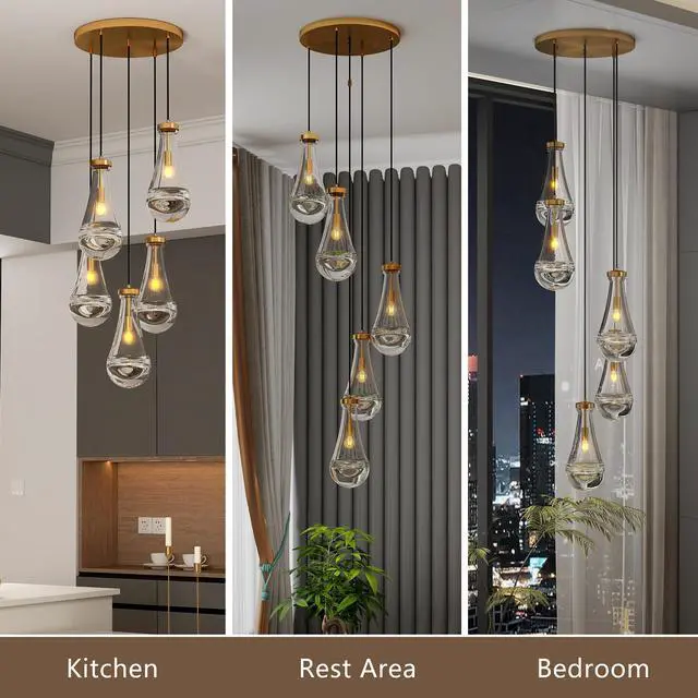 Alt view image 7 of 7 - 5 Light Cluster Pendant Light, Brass High Ceiling Chandeliers Adjustable, Living Room Pendant Light, Foyer Chandeliers, Stairwell Pendant Lights,E12 Not including Bulb