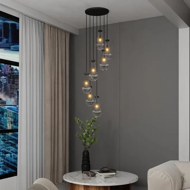 Alt view image 4 of 7 - 7 Light Dining Room Pendant Light, Large Chandelier Adjustable Hanging Line, Black Living Room Pendant Light, Foyer Chandelier, Stairwell Pendant Lights, Bedroom Chandeliers