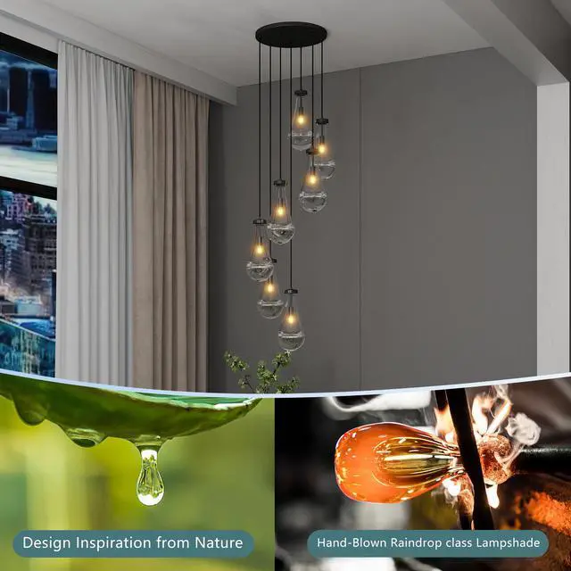 Alt view image 5 of 7 - 7 Light Dining Room Pendant Light, Large Chandelier Adjustable Hanging Line, Black Living Room Pendant Light, Foyer Chandelier, Stairwell Pendant Lights, Bedroom Chandeliers