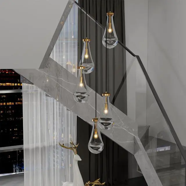 Alt view image 5 of 7 - 5 Light Cluster Pendant Light, Brass High Ceiling Chandeliers Adjustable, Living Room Pendant Light, Foyer Chandeliers, Stairwell Pendant Lights,E12 Not including Bulb