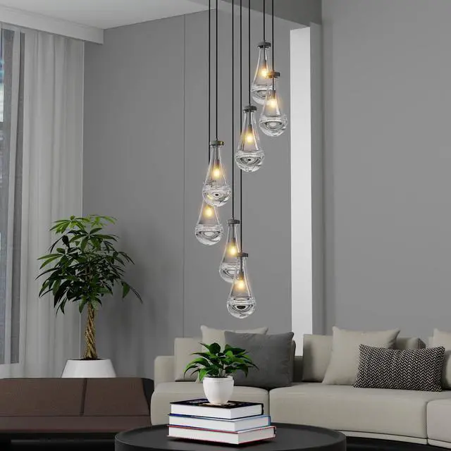 Alt view image 3 of 7 - 7 Light Dining Room Pendant Light, Large Chandelier Adjustable Hanging Line, Black Living Room Pendant Light, Foyer Chandelier, Stairwell Pendant Lights, Bedroom Chandeliers