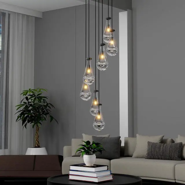 Alt view image 7 of 7 - 7 Light Dining Room Pendant Light, Large Chandelier Adjustable Hanging Line, Black Living Room Pendant Light, Foyer Chandelier, Stairwell Pendant Lights, Bedroom Chandeliers
