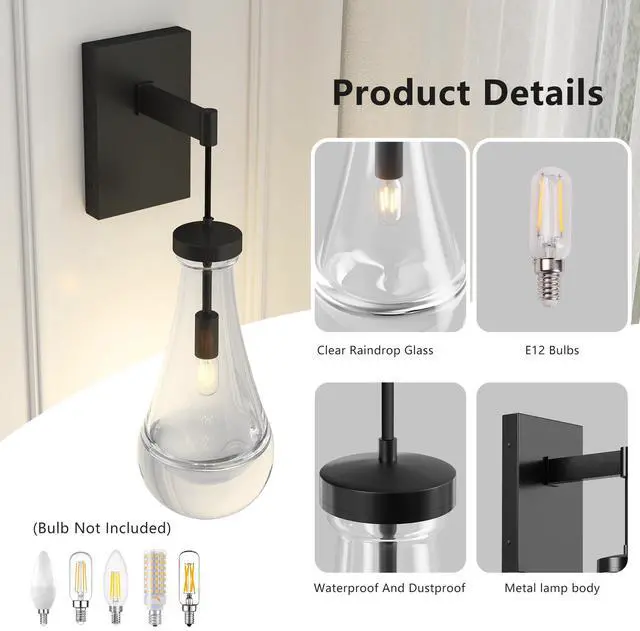 Alt view image 5 of 7 - Wall Sconces, Black Wall Sconces Modern Bathroom Lights, Sconces Wall Lighting with Clear Glass, Wall Mounted Light Wall Lamp for Living Room Hallway Reception Desk