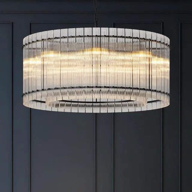 Main image of 37" Modern Black Round Chandelier,2-Tier 8-Light Water Ripple Crystal Glass Chandeliers,for Dining Room,Living Room,Bedroom,High Ceiling,Foyer Entryway,Luxury Chandelier