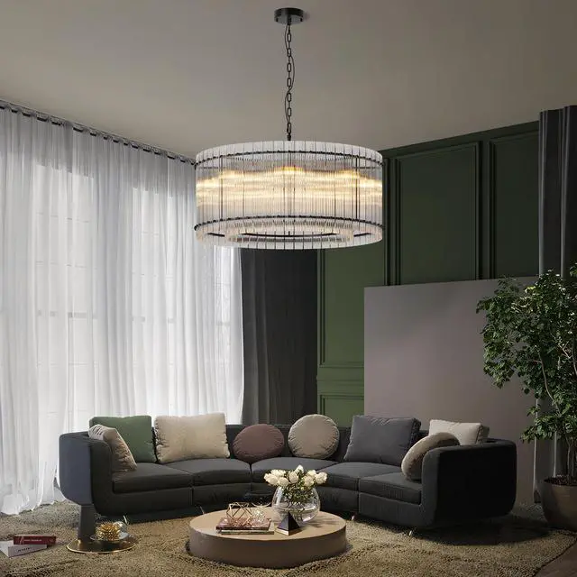 Alt view image 3 of 7 - 37" Modern Black Round Chandelier,2-Tier 8-Light Water Ripple Crystal Glass Chandeliers,for Dining Room,Living Room,Bedroom,High Ceiling,Foyer Entryway,Luxury Chandelier