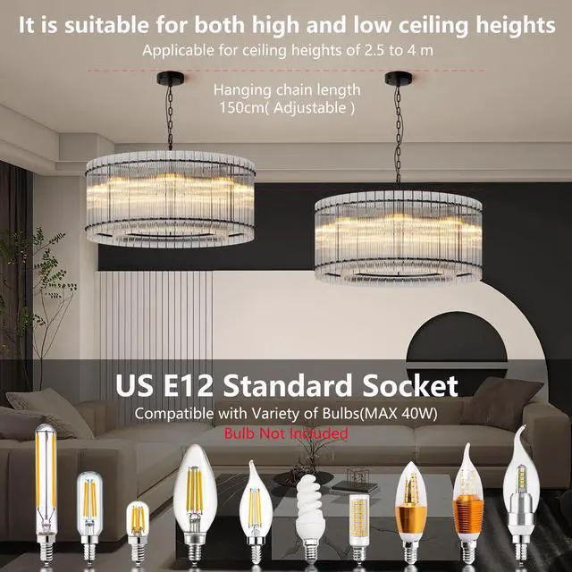 Alt view image 4 of 7 - 37" Modern Black Round Chandelier,2-Tier 8-Light Water Ripple Crystal Glass Chandeliers,for Dining Room,Living Room,Bedroom,High Ceiling,Foyer Entryway,Luxury Chandelier