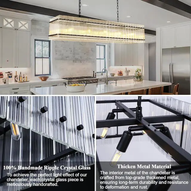 Alt view image 2 of 7 - Modern Rectangular Crystal Glass Chandelier, 10-Lights Black Chandelier Lighting Contemporary Pendant Ceiling Light Fixture for Dining Room Living Room Kitchen Island