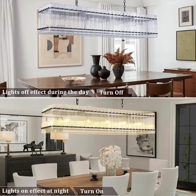 Alt view image 4 of 7 - Modern Rectangular Crystal Glass Chandelier, 10-Lights Black Chandelier Lighting Contemporary Pendant Ceiling Light Fixture for Dining Room Living Room Kitchen Island