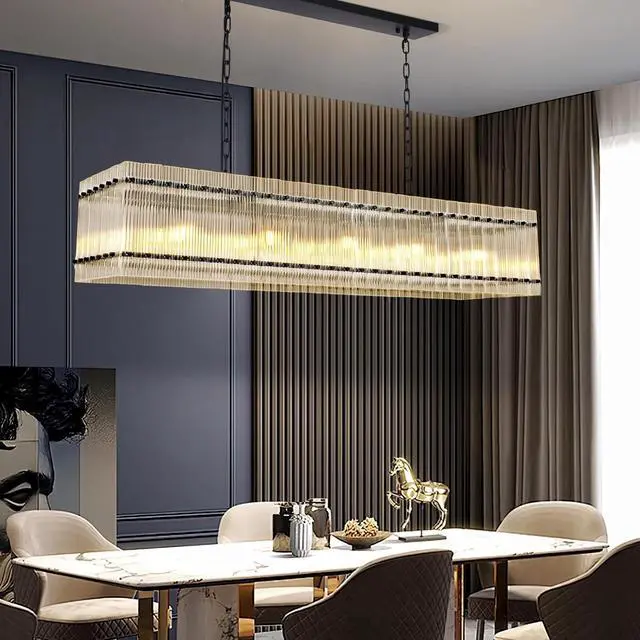 Alt view image 6 of 7 - Modern Rectangular Crystal Glass Chandelier, 10-Lights Black Chandelier Lighting Contemporary Pendant Ceiling Light Fixture for Dining Room Living Room Kitchen Island