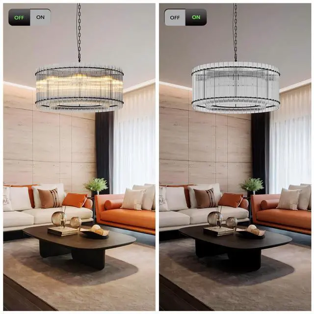 Alt view image 5 of 7 - 37" Modern Black Round Chandelier,2-Tier 8-Light Water Ripple Crystal Glass Chandeliers,for Dining Room,Living Room,Bedroom,High Ceiling,Foyer Entryway,Luxury Chandelier