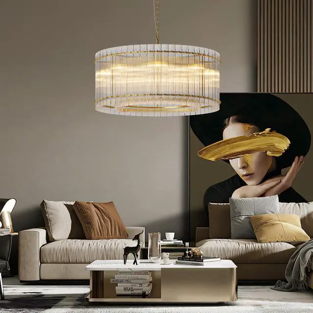 Main image of 37" Modern Gold Round Chandelier,2-Tier 8-Light Water Ripple Crystal Glass Chandeliers,for Dining Room,Living Room,Bedroom,High Ceiling,Foyer Entryway,Luxury Chandelier