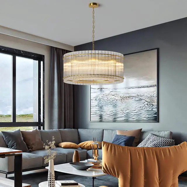 Alt view image 3 of 7 - 37" Modern Gold Round Chandelier,2-Tier 8-Light Water Ripple Crystal Glass Chandeliers,for Dining Room,Living Room,Bedroom,High Ceiling,Foyer Entryway,Luxury Chandelier