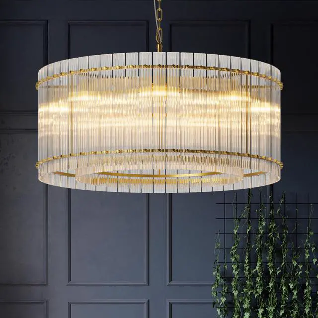 Alt view image 2 of 7 - 37" Modern Gold Round Chandelier,2-Tier 8-Light Water Ripple Crystal Glass Chandeliers,for Dining Room,Living Room,Bedroom,High Ceiling,Foyer Entryway,Luxury Chandelier