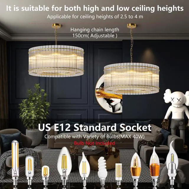 Alt view image 4 of 7 - 37" Modern Gold Round Chandelier,2-Tier 8-Light Water Ripple Crystal Glass Chandeliers,for Dining Room,Living Room,Bedroom,High Ceiling,Foyer Entryway,Luxury Chandelier