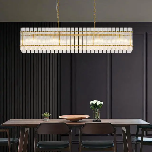 Alt view image 2 of 7 - Modern Rectangular Crystal Glass Chandelier, 10-Lights Glod Chandelier Lighting Contemporary Pendant Ceiling Light Fixture for Dining Room Living Room Kitchen Island