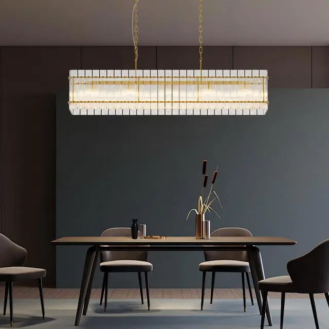 Alt view image 3 of 7 - Modern Rectangular Crystal Glass Chandelier, 10-Lights Glod Chandelier Lighting Contemporary Pendant Ceiling Light Fixture for Dining Room Living Room Kitchen Island