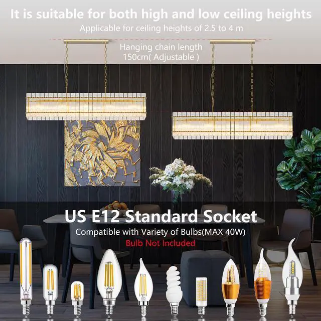 Alt view image 4 of 7 - Modern Rectangular Crystal Glass Chandelier, 10-Lights Glod Chandelier Lighting Contemporary Pendant Ceiling Light Fixture for Dining Room Living Room Kitchen Island