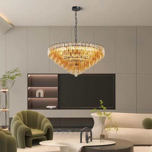 Main image of Modern Round Chandelier, 37" Extra Large Black Chandeliers for Dining Room, 14-Light with Tiered Smoke Glass Tubes Ceiling Light, Pendant Lighting Fixture for Living Room Bedroom Kitchen Island