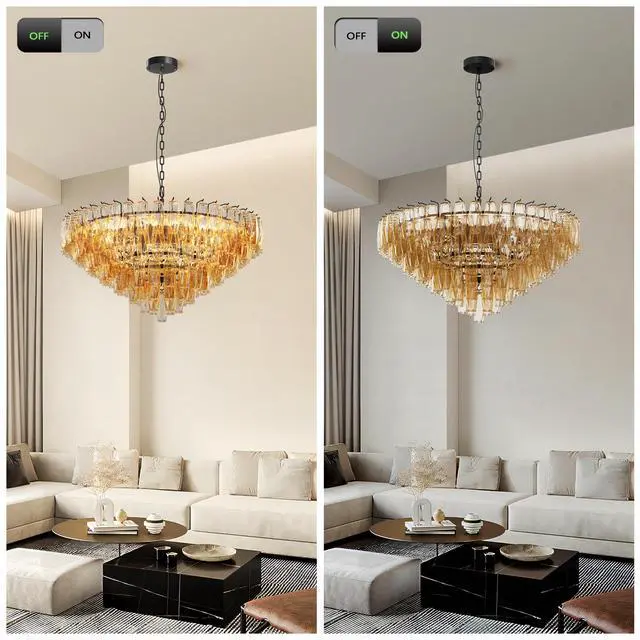 Alt view image 4 of 7 - Modern Round Chandelier, 37" Extra Large Black Chandeliers for Dining Room, 14-Light with Tiered Smoke Glass Tubes Ceiling Light, Pendant Lighting Fixture for Living Room Bedroom Kitchen Island