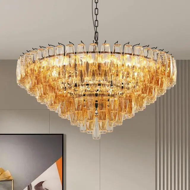 Alt view image 2 of 7 - Modern Round Chandelier, 37" Extra Large Black Chandeliers for Dining Room, 14-Light with Tiered Smoke Glass Tubes Ceiling Light, Pendant Lighting Fixture for Living Room Bedroom Kitchen Island