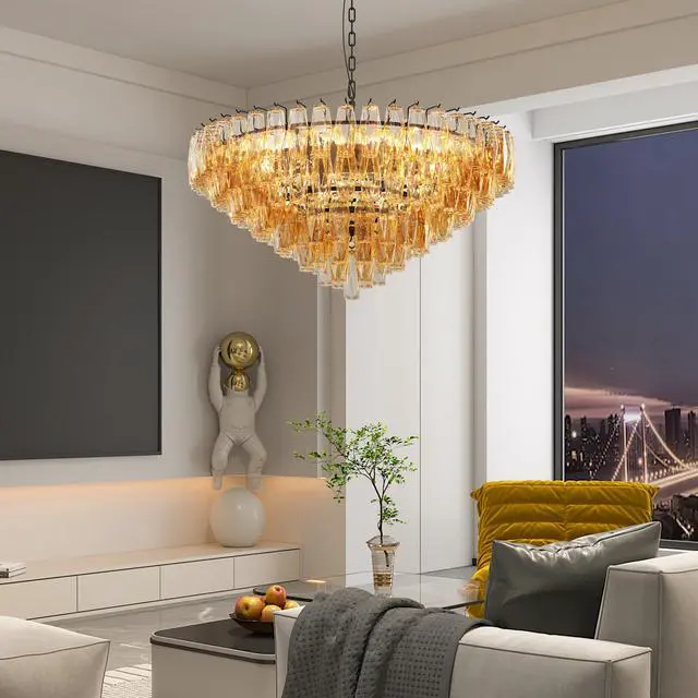 Alt view image 3 of 7 - Modern Round Chandelier, 37" Extra Large Black Chandeliers for Dining Room, 14-Light with Tiered Smoke Glass Tubes Ceiling Light, Pendant Lighting Fixture for Living Room Bedroom Kitchen Island