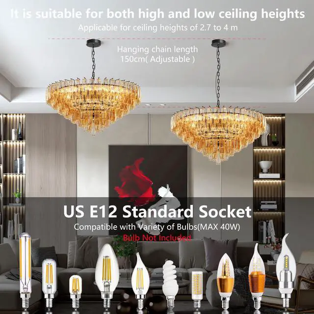 Alt view image 5 of 7 - Modern Round Chandelier, 37" Extra Large Black Chandeliers for Dining Room, 14-Light with Tiered Smoke Glass Tubes Ceiling Light, Pendant Lighting Fixture for Living Room Bedroom Kitchen Island