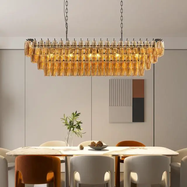 Main image of 54" Black Rectangular Chandeliers for Dining Room, 12-Light 4 Tiered Large Smoke Glass Chandelier, Modern Kitchen Island Farmhouse Hanging Light Fixture for Living Room Foyer(Bulb Not included)