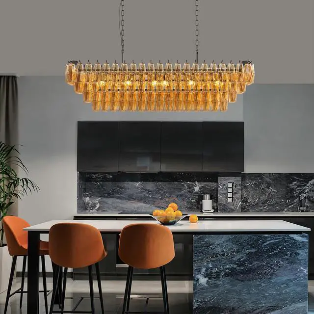 Alt view image 2 of 7 - 54" Black Rectangular Chandeliers for Dining Room, 12-Light 4 Tiered Large Smoke Glass Chandelier, Modern Kitchen Island Farmhouse Hanging Light Fixture for Living Room Foyer(Bulb Not included)