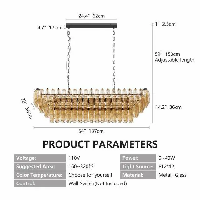 Alt view image 7 of 7 - 54" Black Rectangular Chandeliers for Dining Room, 12-Light 4 Tiered Large Smoke Glass Chandelier, Modern Kitchen Island Farmhouse Hanging Light Fixture for Living Room Foyer(Bulb Not included)