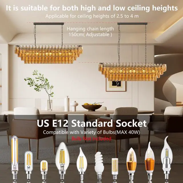 Alt view image 4 of 7 - 54" Black Rectangular Chandeliers for Dining Room, 12-Light 4 Tiered Large Smoke Glass Chandelier, Modern Kitchen Island Farmhouse Hanging Light Fixture for Living Room Foyer(Bulb Not included)